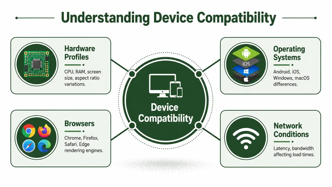 A diagram outlining the four key factors for device compatibility: hardware profiles, operating systems, browsers, and network conditions.