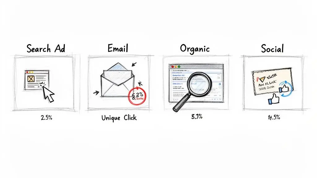 Diagram showing click-through rates for Search Ad (2.5%), Email (8.3%), Organic (8.9%), and Social (14.5%) campaigns.
