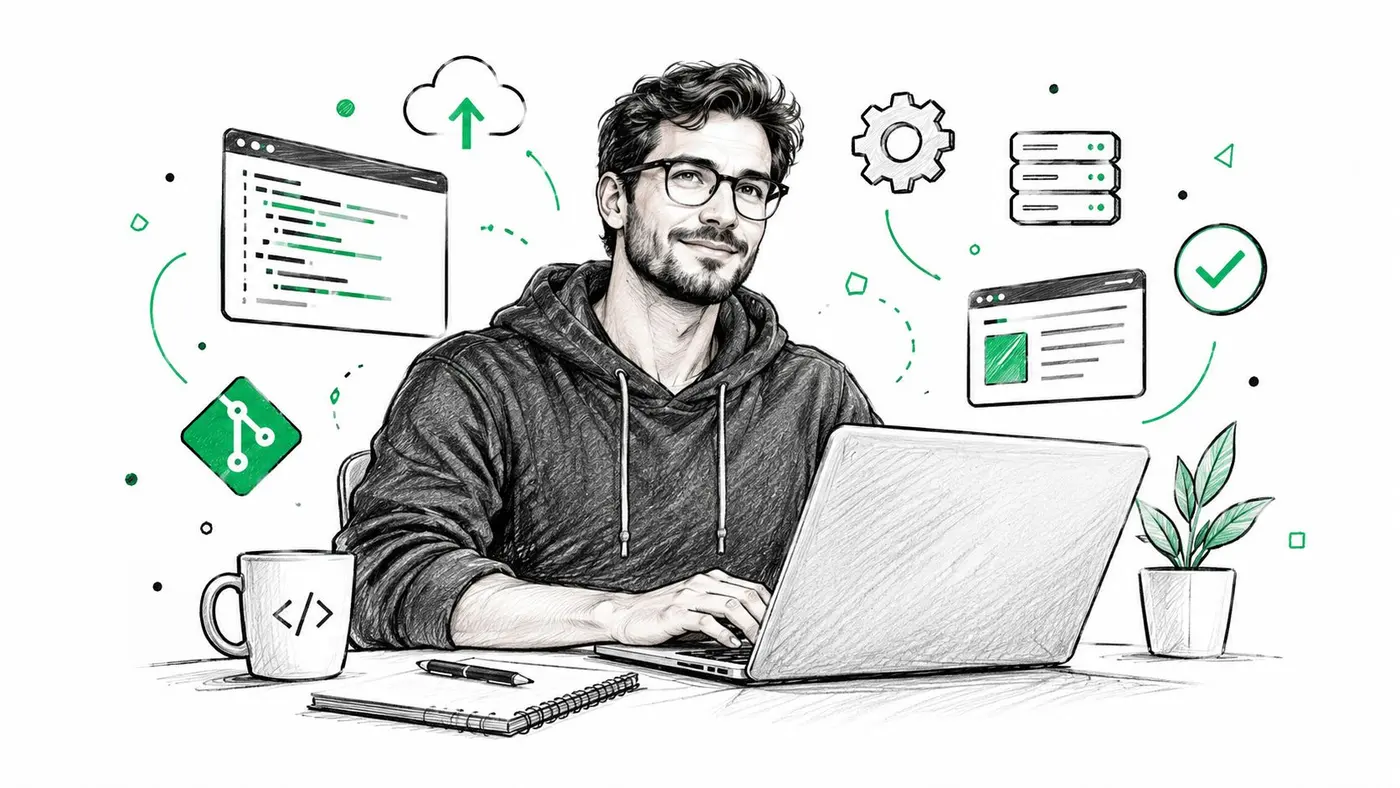 A professional software developer working on a laptop with various coding and cloud infrastructure icons surrounding him.