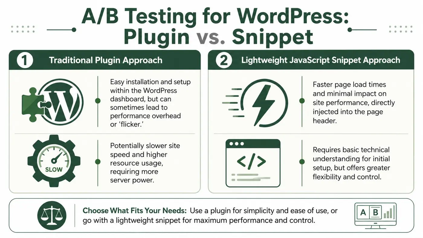 A comparison infographic between the traditional WordPress plugin approach and lightweight JavaScript snippet method for A/B testing.