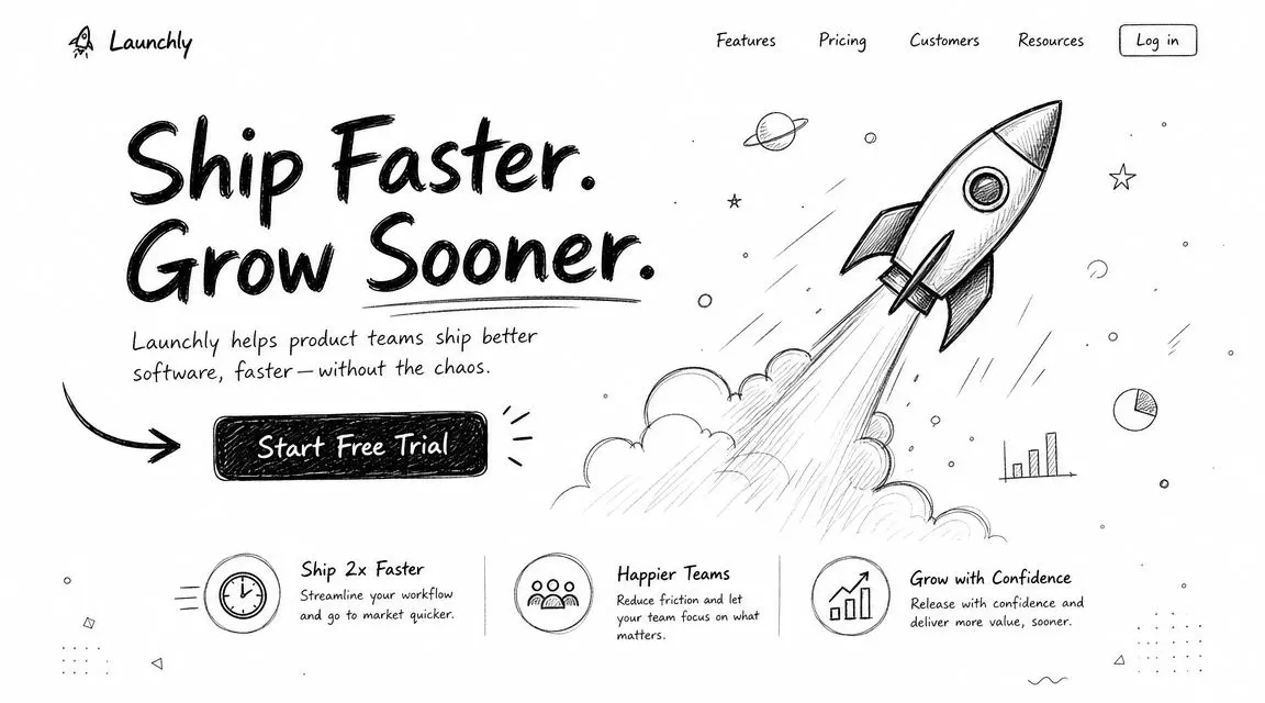 A hand-drawn sketch style landing page for Launchly featuring a rocket launch, benefits, and a call-to-action button.