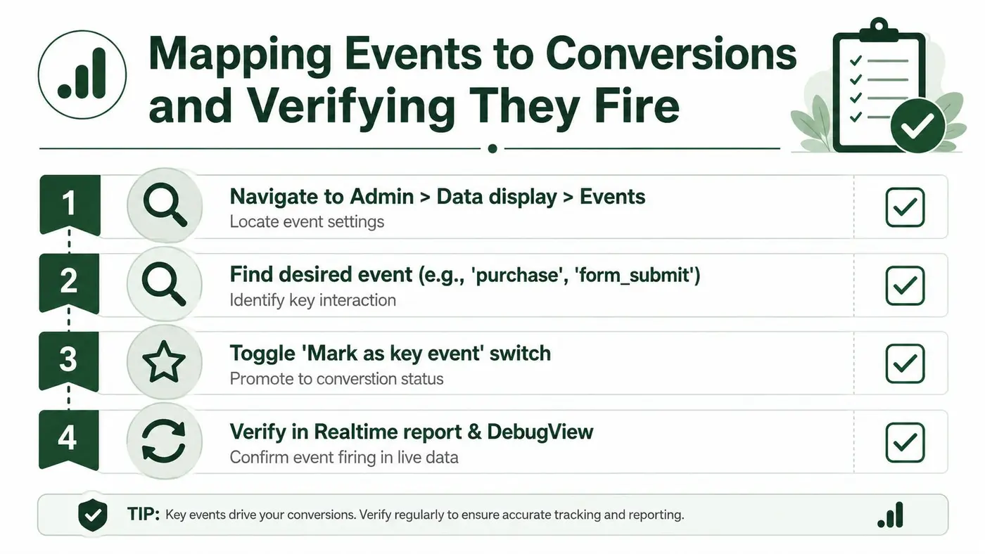 A four-step infographic explaining how to map events to conversions and verify them in Google Analytics.