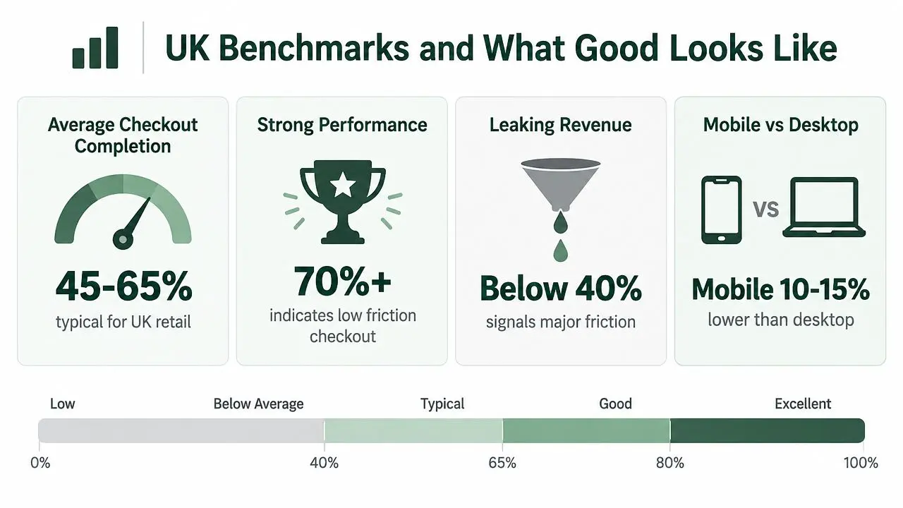A graphic showing UK retail checkout completion benchmarks, including typical rates, strong performance, and performance gap warnings.