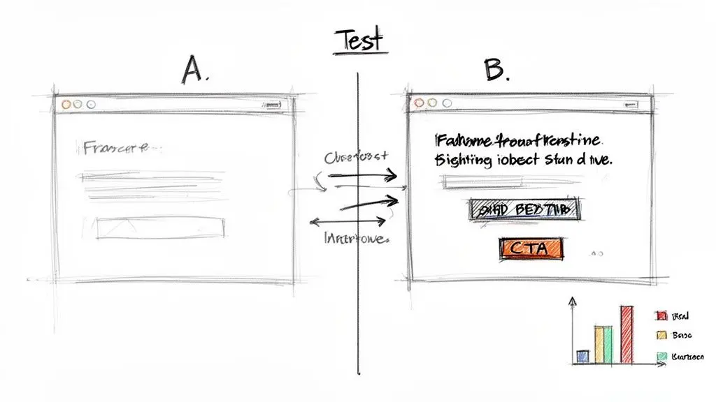 A sketch comparing two website design variations (A/B test) with user flow arrows and a results bar chart.