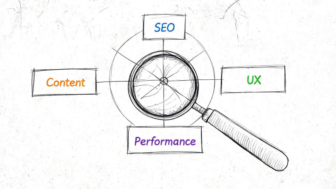 A hand-drawn sketch of a magnifying glass inspecting four interconnected website optimization areas: SEO, Content, UX, and Performance.