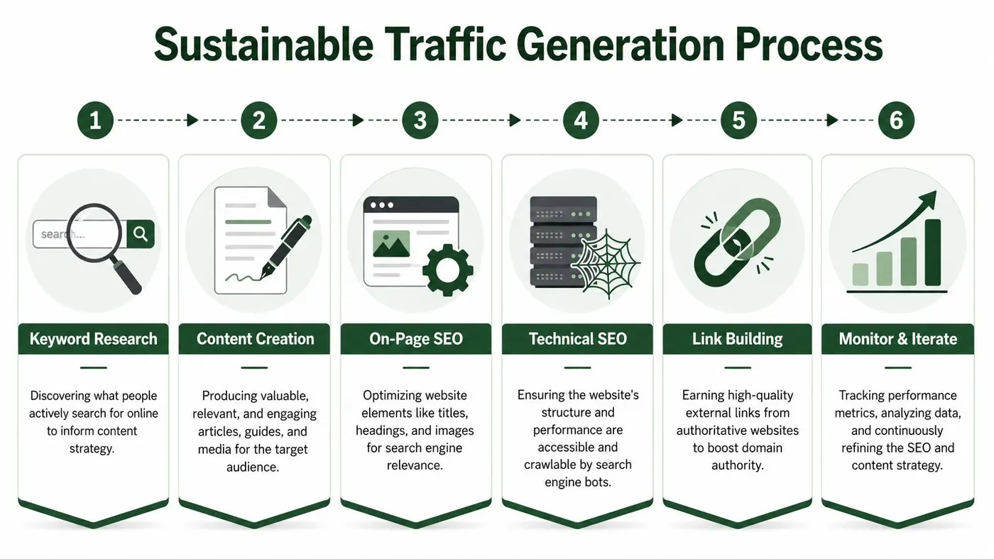 An infographic showing a six-step process for generating sustainable website traffic through SEO and content marketing.
