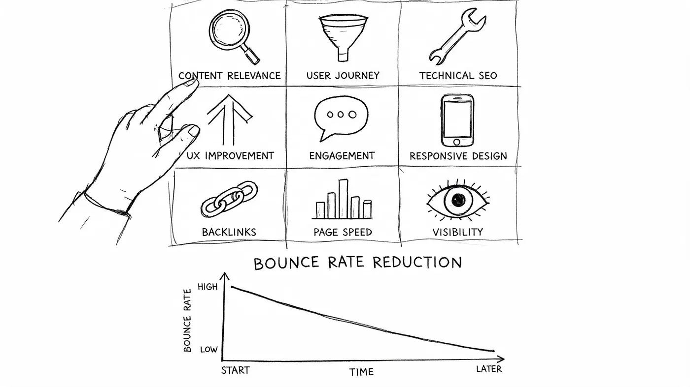 A diagram illustrating SEO factors contributing to bounce rate reduction over time in a hand-drawn style.