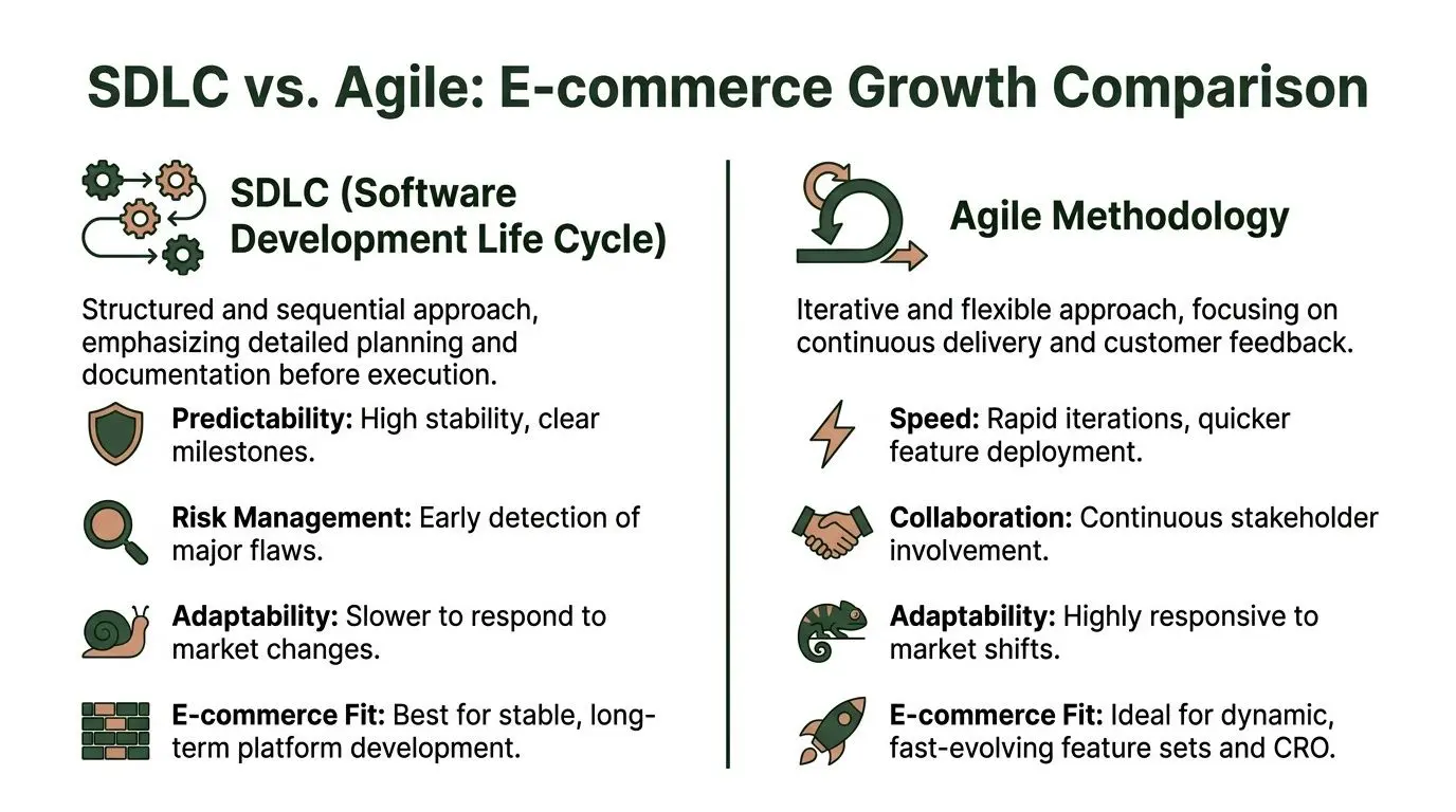 A comparison infographic between SDLC and Agile methodologies for e-commerce software development growth strategies.