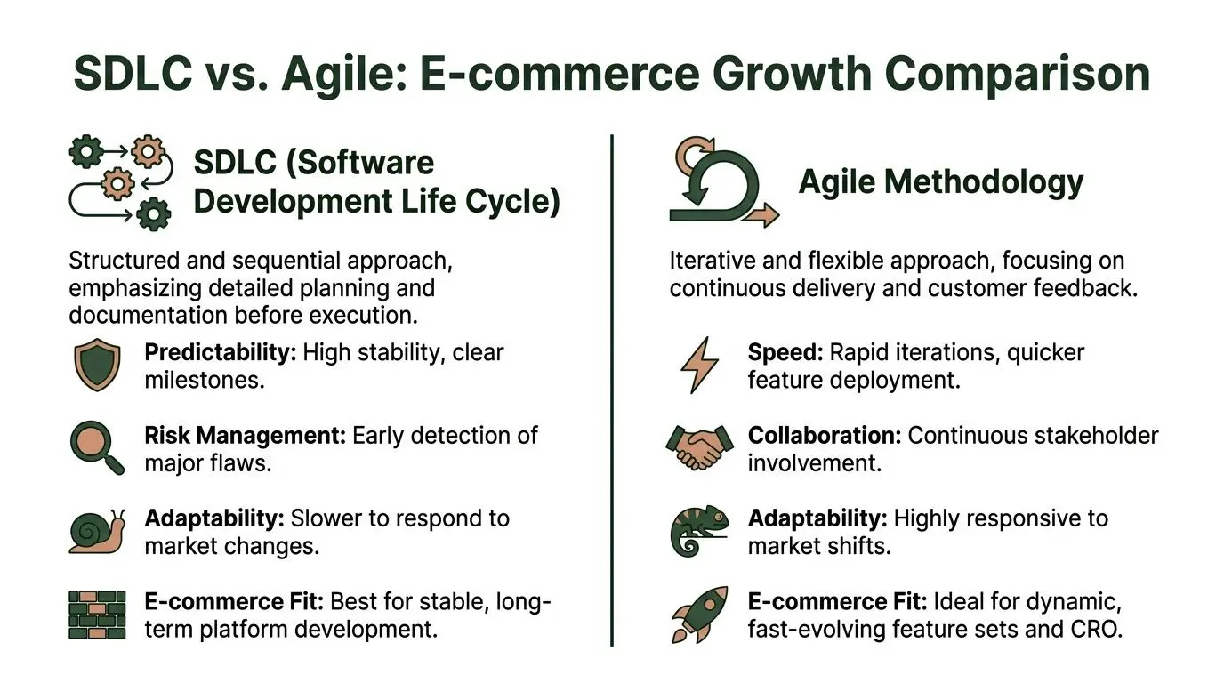 A comparison infographic between SDLC and Agile methodologies for e-commerce software development growth strategies.
