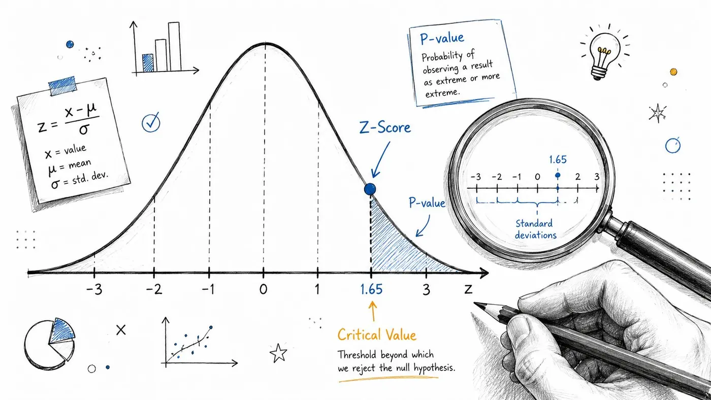A hand-drawn illustration explaining statistical concepts like Z-score, P-value, and critical value on a bell curve.