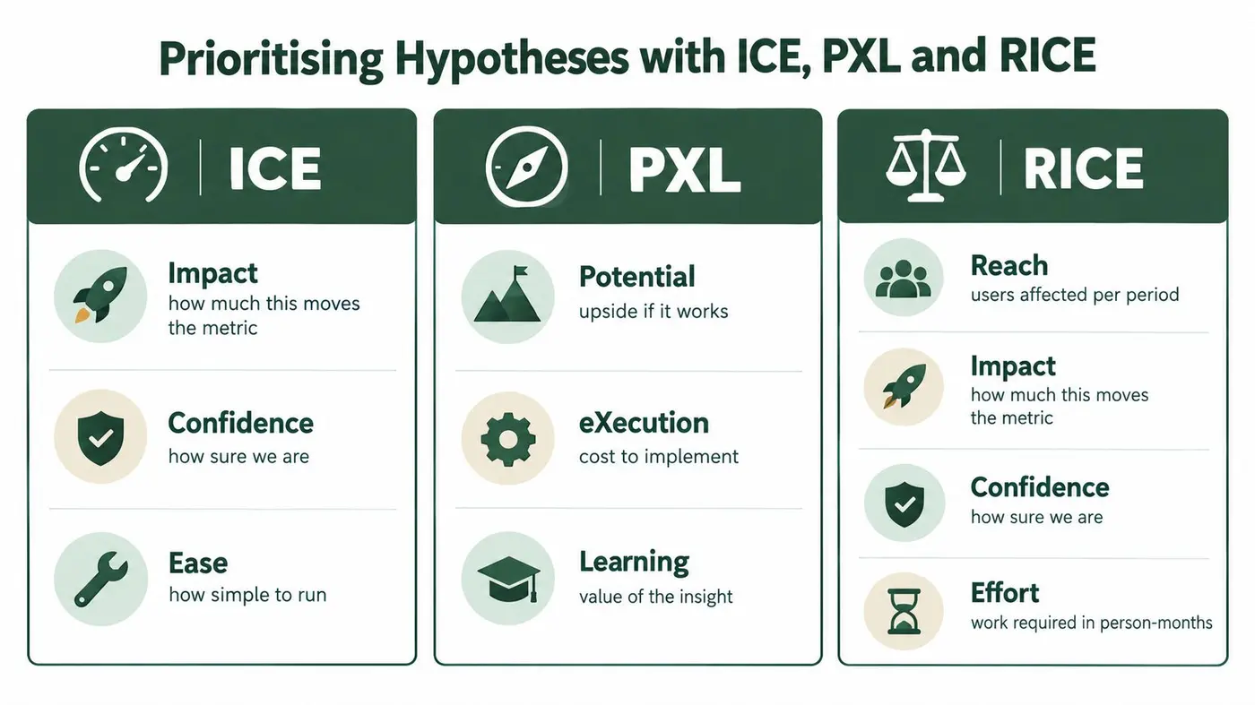 A diagram comparing three popular prioritization frameworks for product development: ICE, PXL, and RICE.