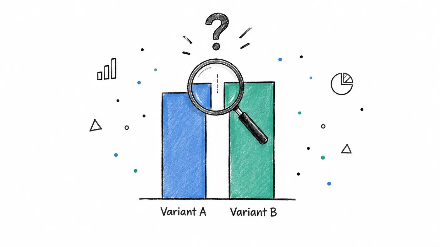 A hand-drawn illustration showing a magnifying glass comparing blue and green bar charts labeled Variant A and B.