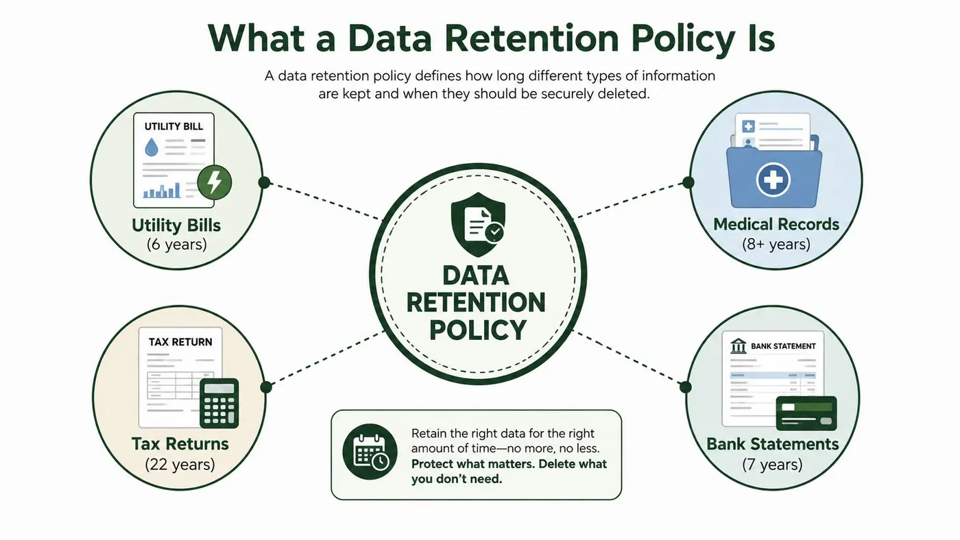 An infographic showing recommended retention periods for utility bills, medical records, tax returns, and bank statements.