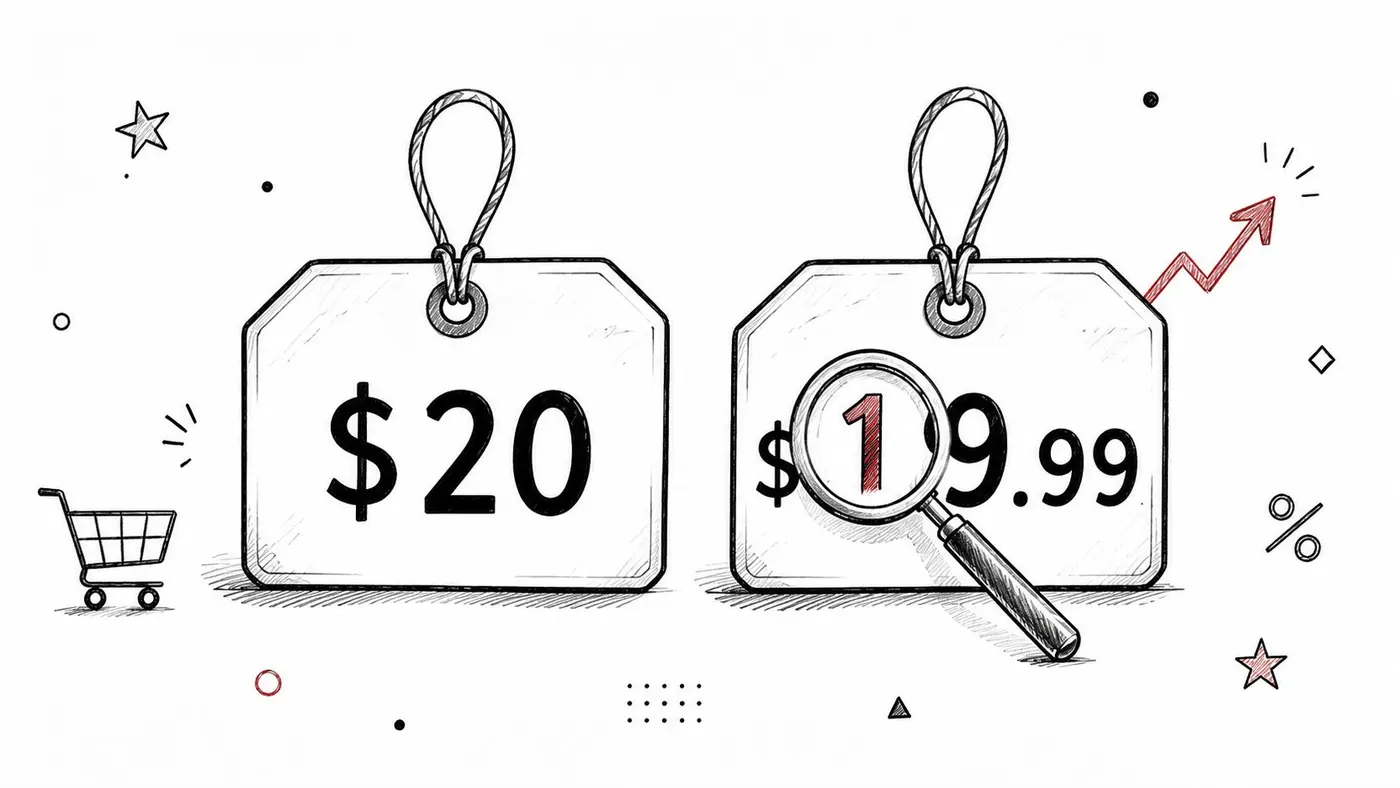 A hand-drawn illustration showing price tags comparing 20 dollars to 19.99 dollars with a magnifying glass.