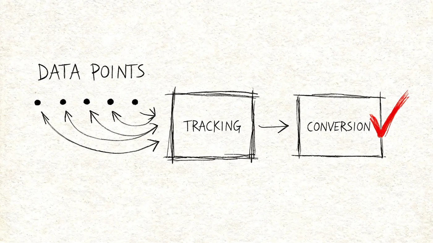 A hand-drawn flowchart illustrating data points flowing into a tracking process leading to a successful conversion.