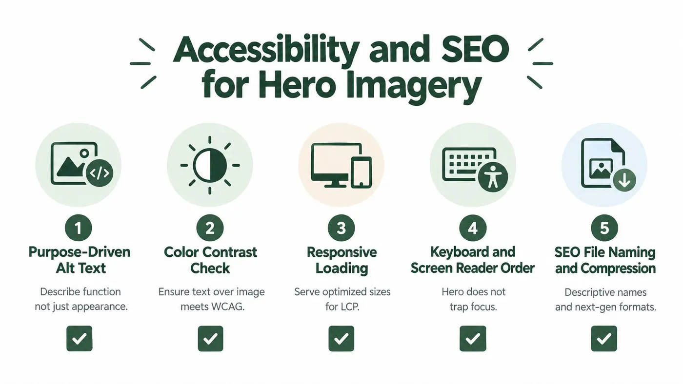 An infographic titled Accessibility and SEO for Hero Imagery outlining five key optimization steps for websites.