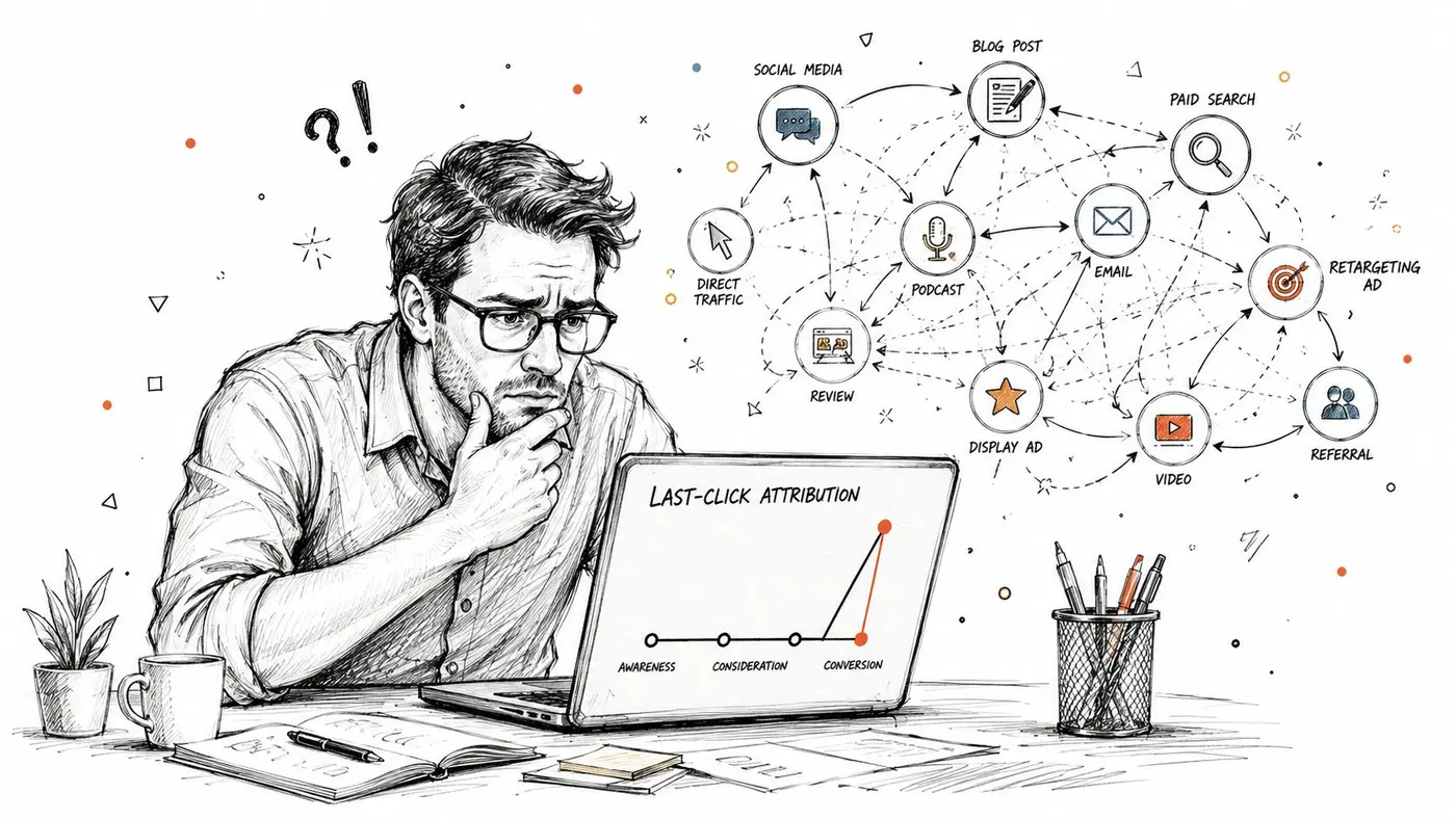 A man looks confused at a laptop displaying a chart about last-click attribution and marketing channels.