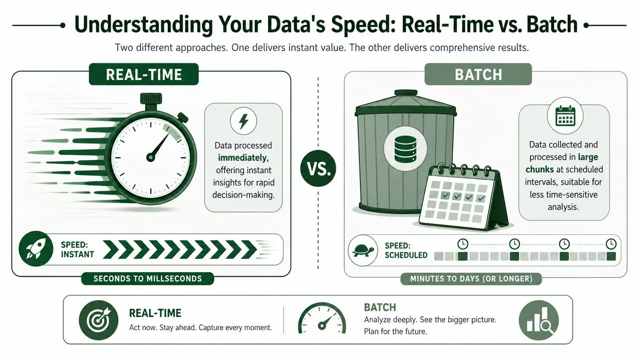 A comparison infographic between real-time data processing and batch data processing, explaining their speeds and use cases.