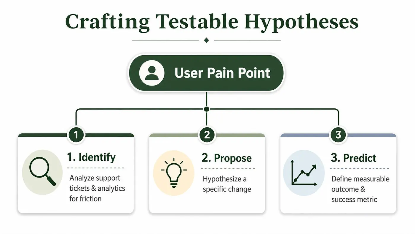 A diagram outlining the three-step process for crafting testable hypotheses starting from a user pain point.