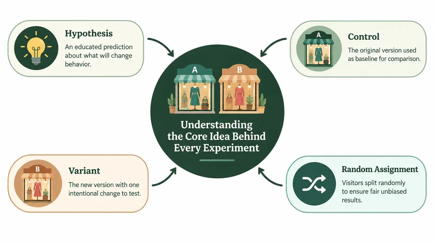 A diagram explaining core A/B testing concepts like hypothesis, control, variant, and random assignment for experiments.