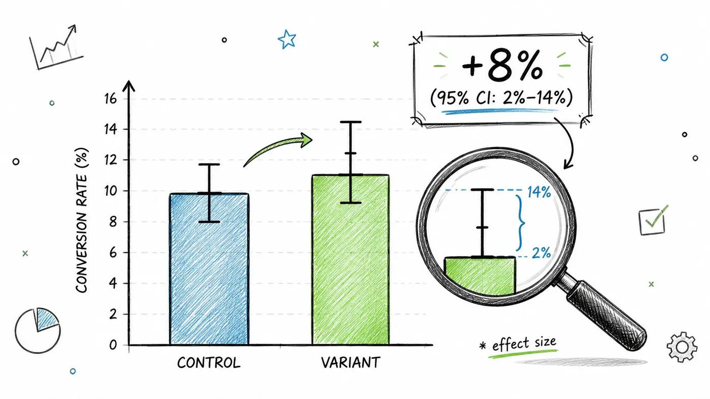 A hand-drawn style graph showing conversion rates for control and variant groups with a magnifying glass.