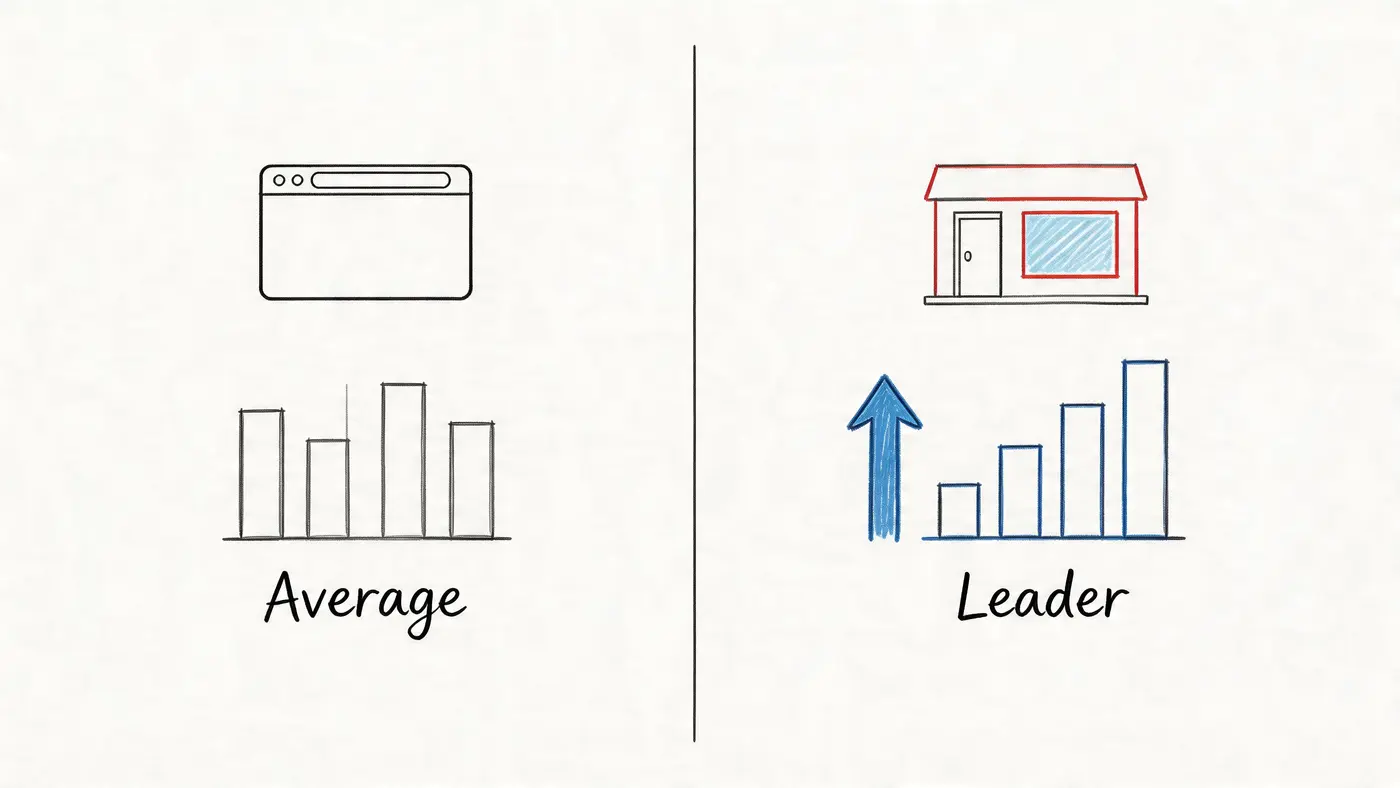 A comparison showing an average website versus a market leader with a growing business performance chart.