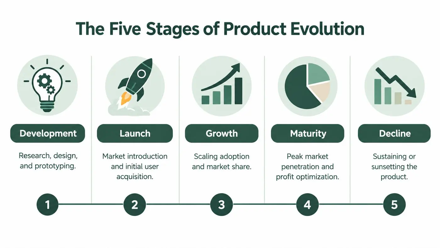 An infographic showing the five stages of product evolution: Development, Launch, Growth, Maturity, and Decline.