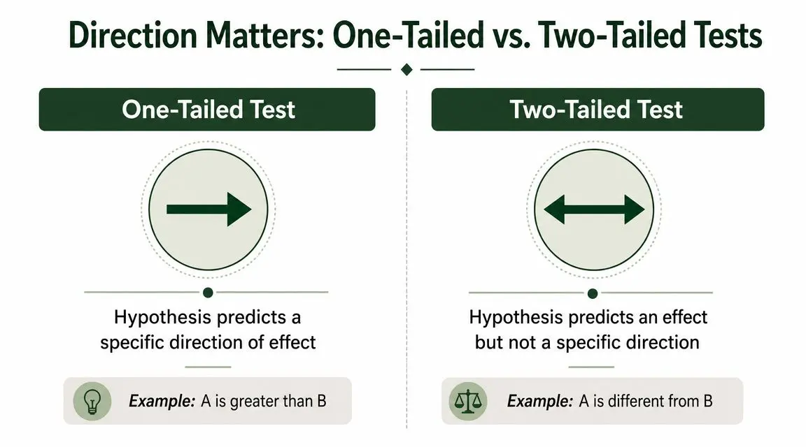 An infographic illustrating the conceptual difference between a one-tailed test and a two-tailed hypothesis test.