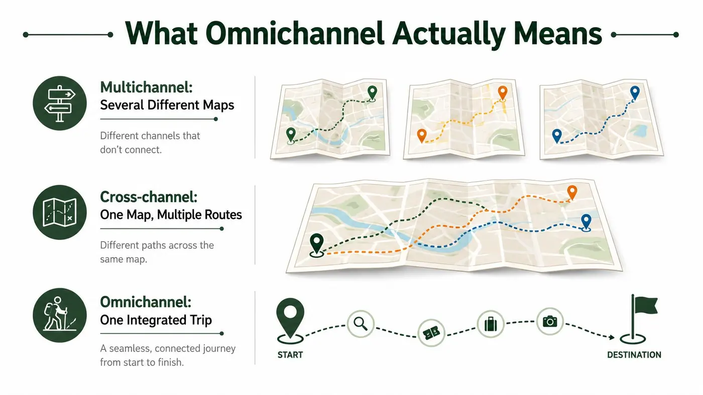 An infographic illustrating the differences between multichannel, cross-channel, and omnichannel strategies using map and journey icons.