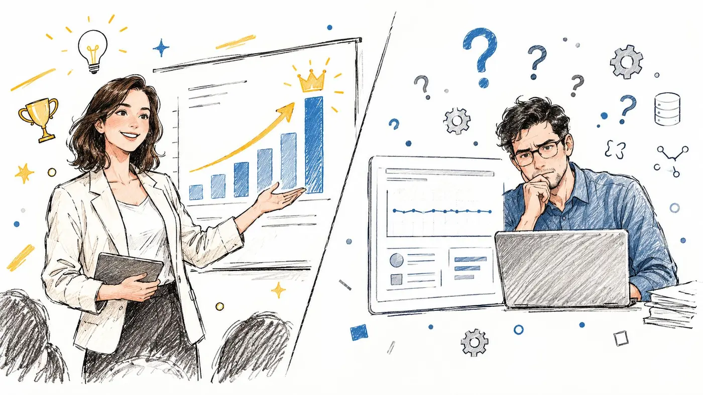 A professional woman presenting successful data growth while a man studies analytics on a laptop.