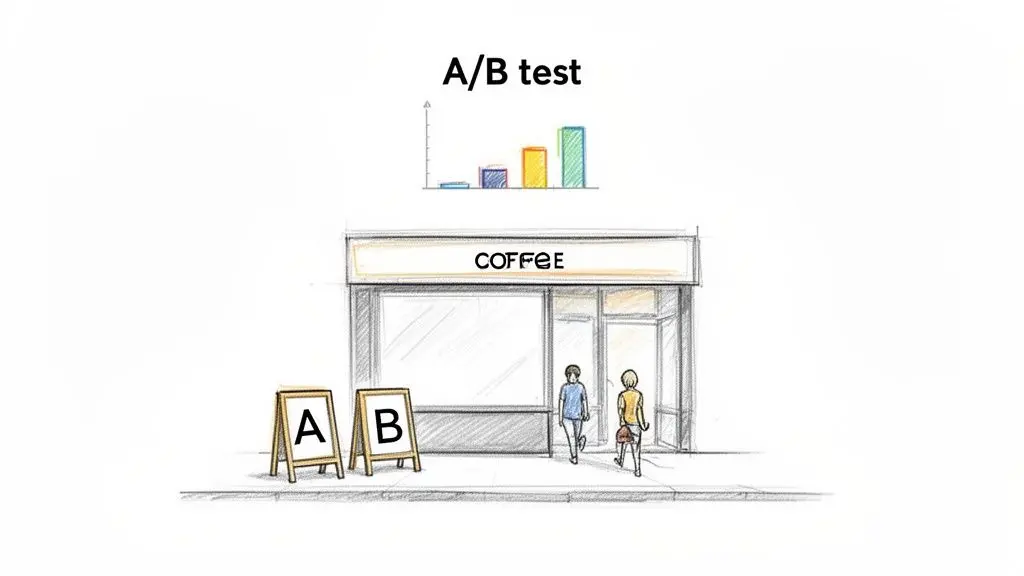 A sketch illustrates an A/B test for a coffee shop, with signs A and B outside and a bar graph showing results.