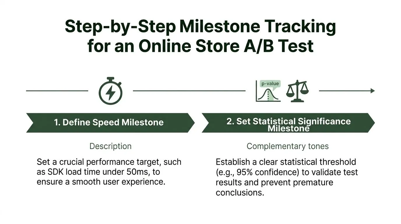 A diagram illustrating two key steps for tracking milestones in an online store A/B test process.
