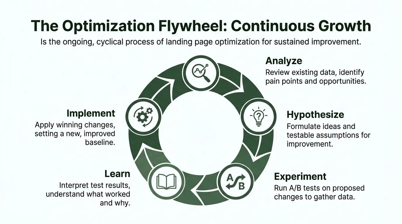 A circular diagram illustrating the continuous growth process of landing page optimization through five sequential stages.