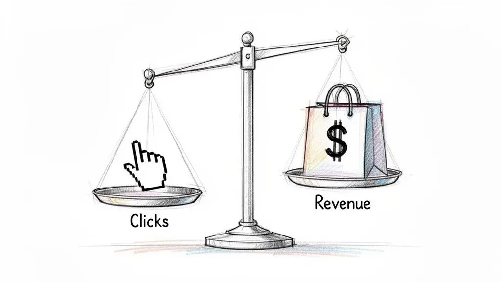 A balanced scale showing a mouse cursor representing 'Clicks' on one side and a dollar sign shopping bag representing 'Revenue' on the other.