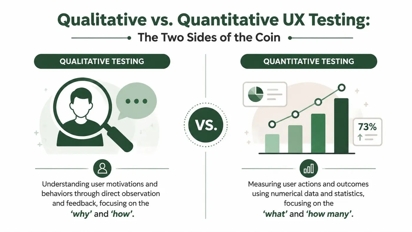 An infographic comparing qualitative and quantitative user experience testing with icons representing observation and numerical data.