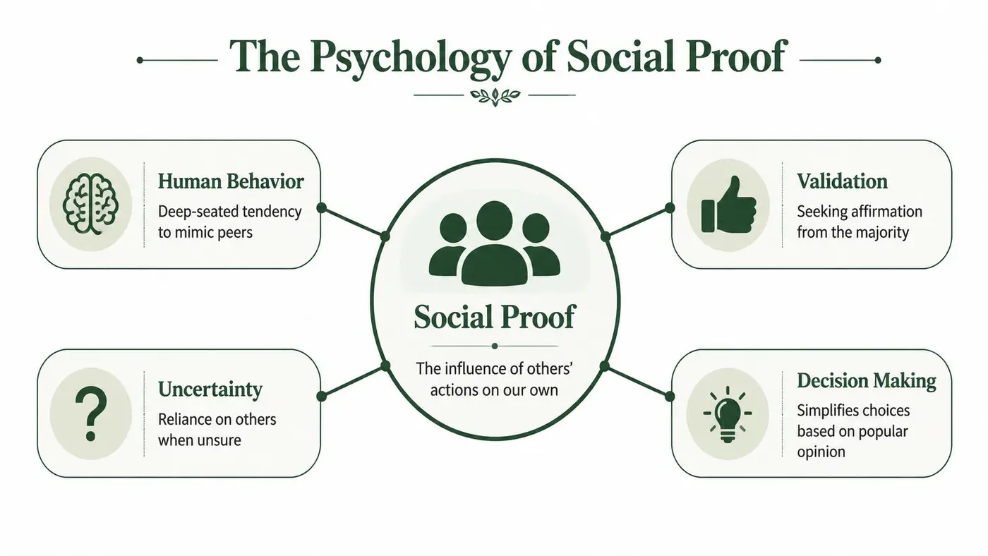 A diagram titled The Psychology of Social Proof, showing four key factors that influence human decision making.