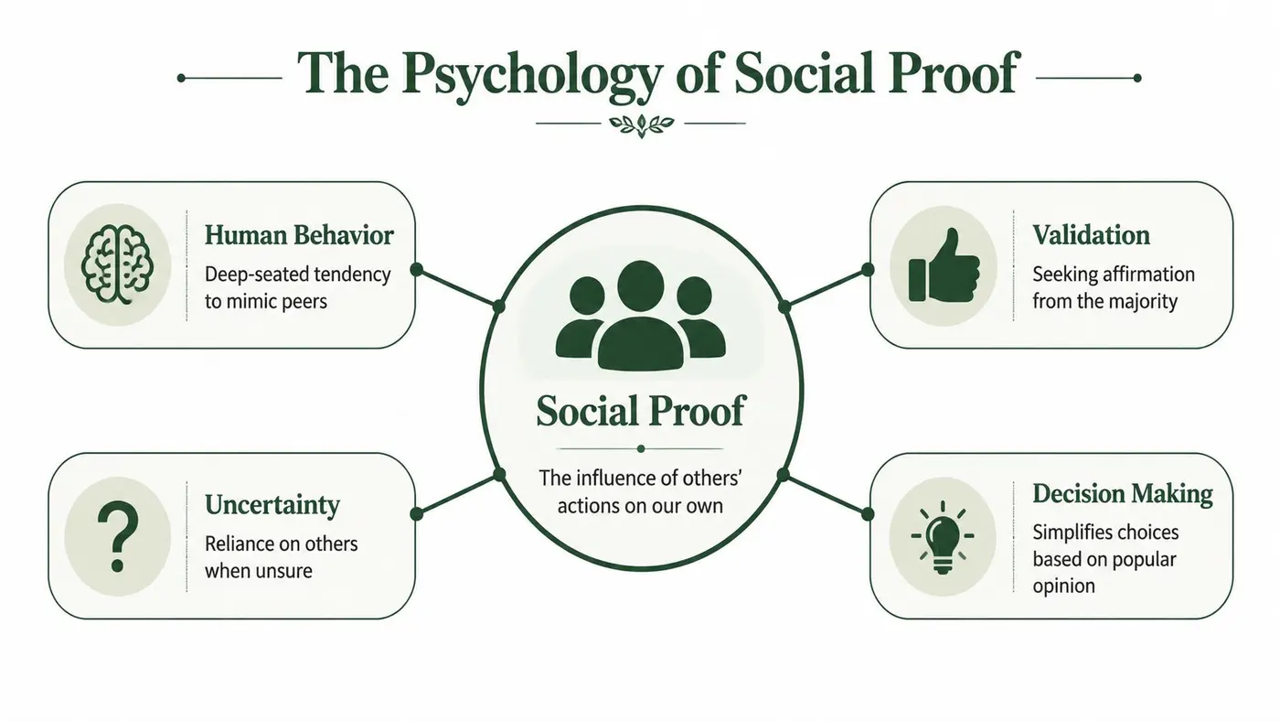 A diagram titled The Psychology of Social Proof, showing four key factors that influence human decision making.