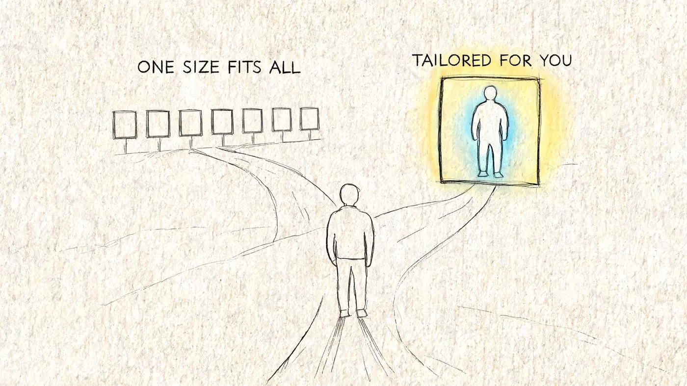 A conceptual sketch illustrating a person choosing between generic one-size-fits-all options and a personalized tailored solution.