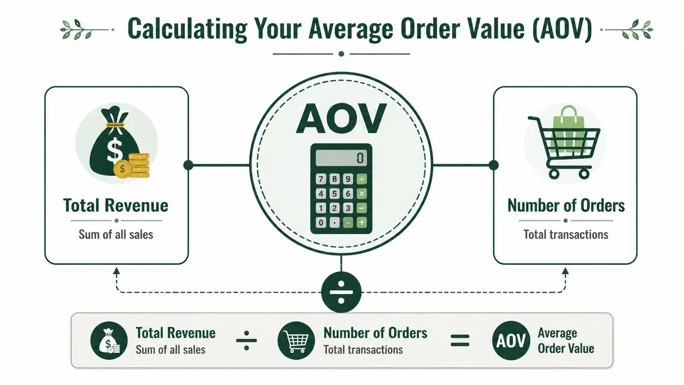 A diagram illustrating the calculation of Average Order Value by dividing Total Revenue by Number of Orders.