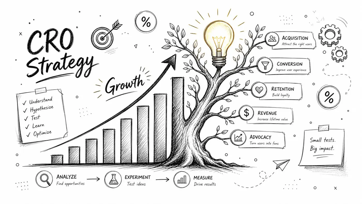 A hand-drawn illustration depicting a CRO strategy with growth charts, a lightbulb tree, and conversion steps.
