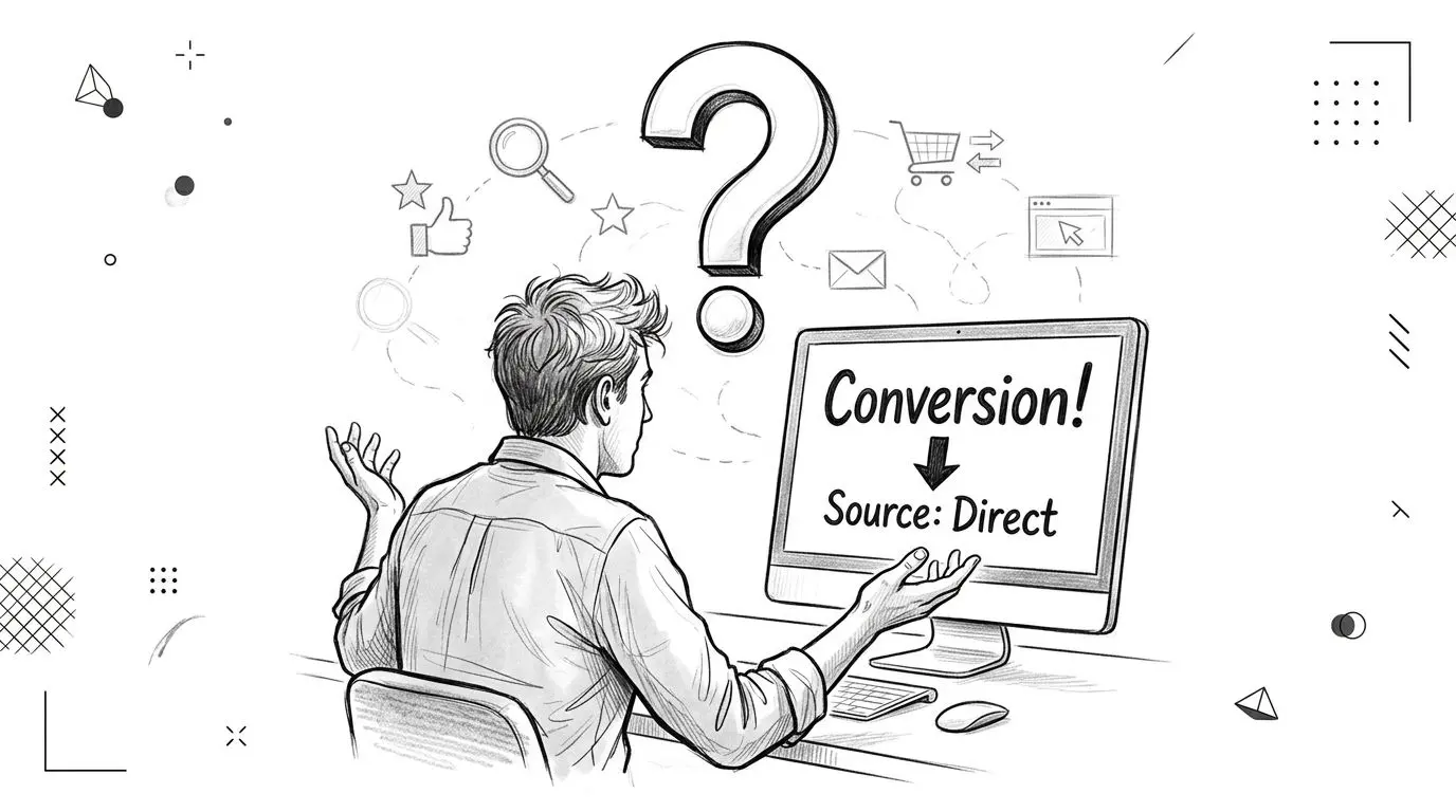 A person looking confused at a computer screen showing Conversion Source Direct, illustrating attribution modeling uncertainty.
