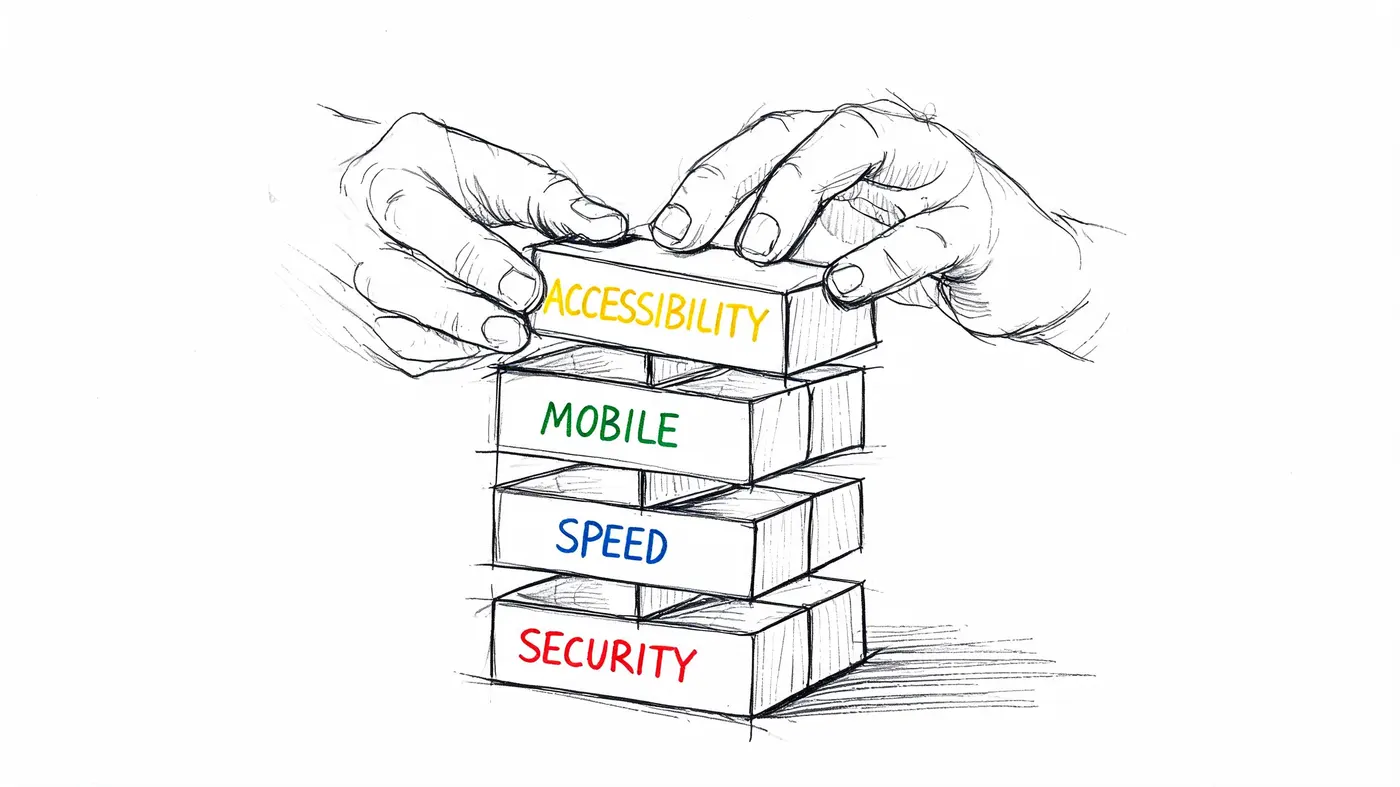 A pencil sketch of two hands stacking blocks representing key website optimization factors: accessibility, mobile, speed, and security.