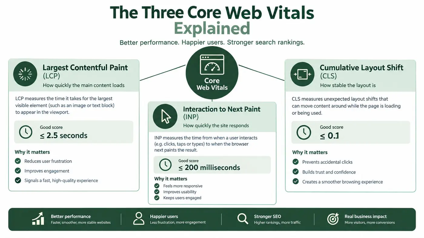 An infographic explaining the three Core Web Vitals: LCP, INP, and CLS for better website performance.