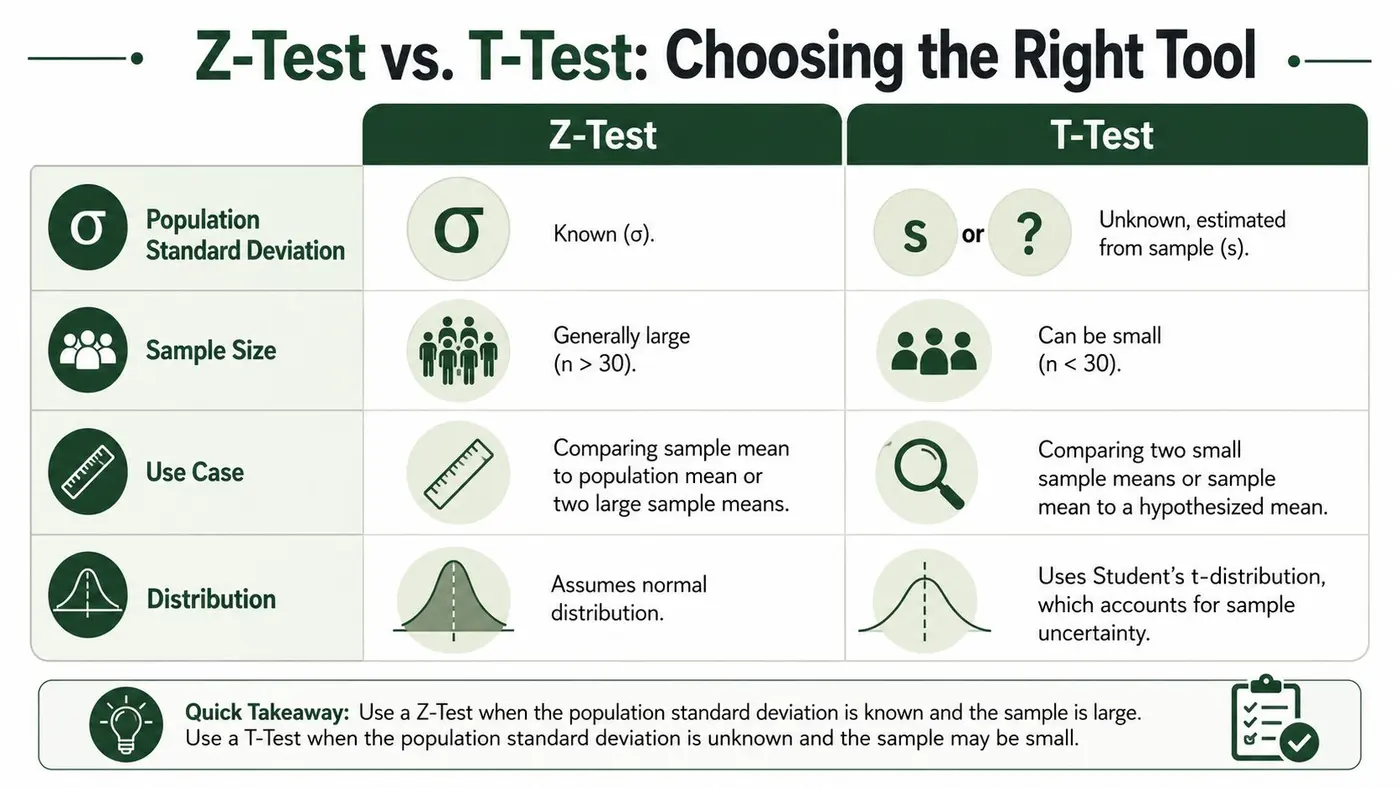 A comparison chart outlining the key differences between Z-Tests and T-Tests based on statistical criteria.