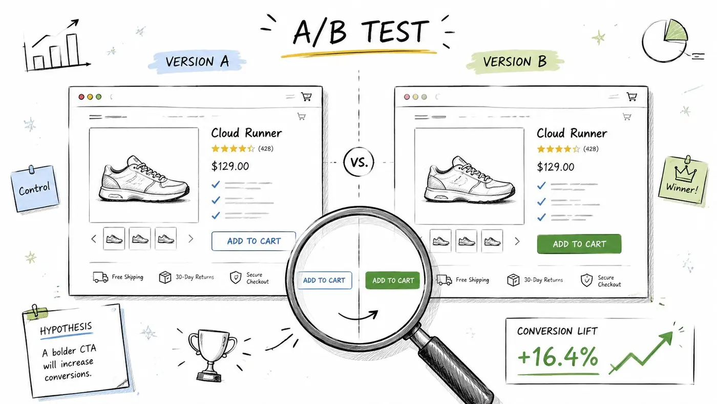 A hand-drawn illustration depicting an A/B test comparing website button colors to measure conversion lift.