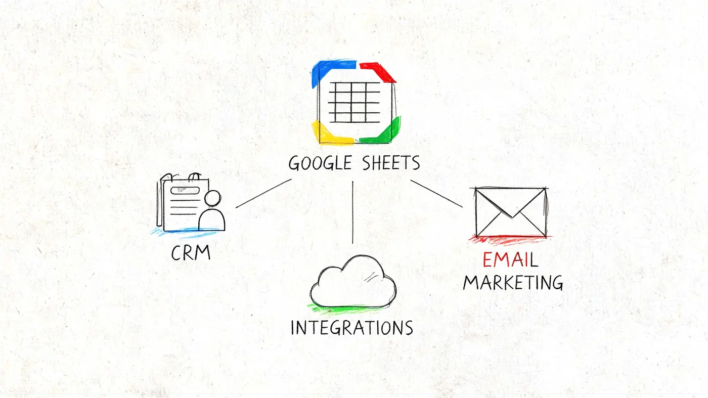A diagram illustrating Google Sheets connecting to CRM, Email Marketing, and various cloud integrations.