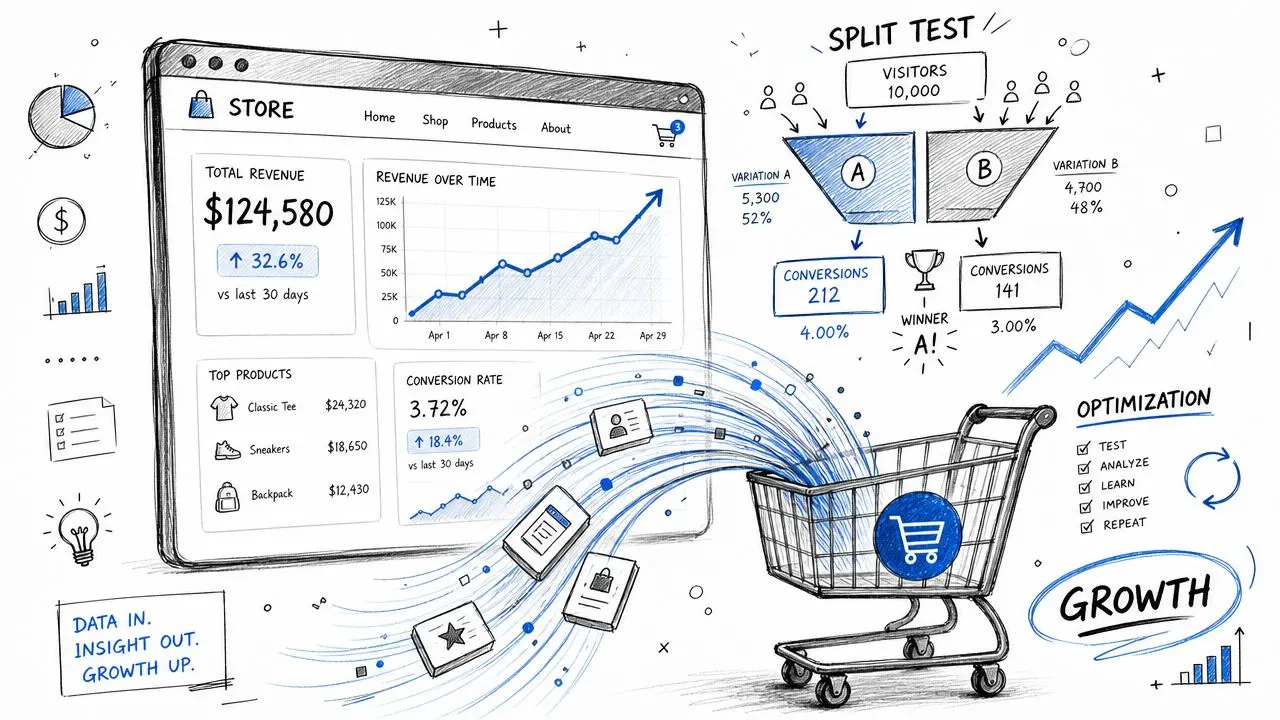 A hand-drawn illustration showing e-commerce store analytics, split testing funnel, and optimization processes leading to business growth.