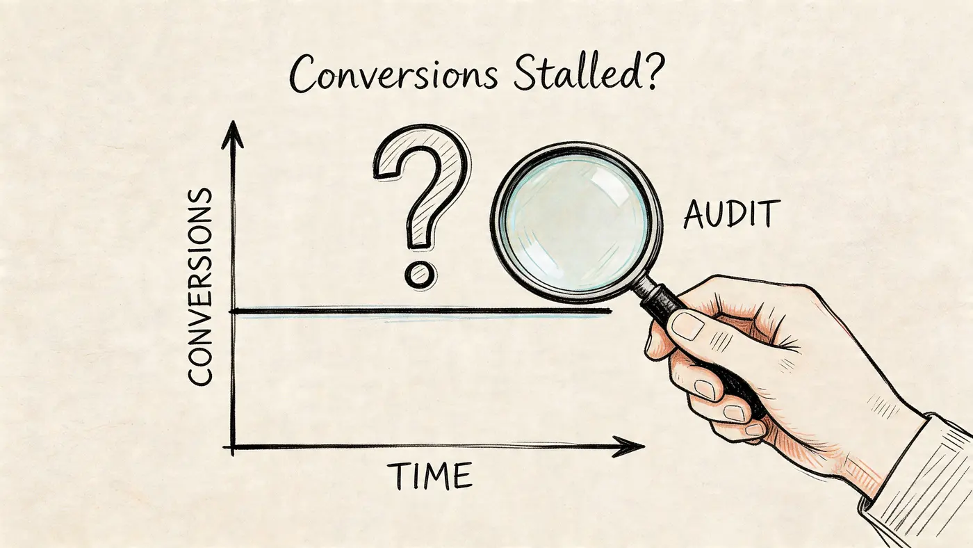 A hand holding a magnifying glass over a flat line graph representing stalled website conversions.