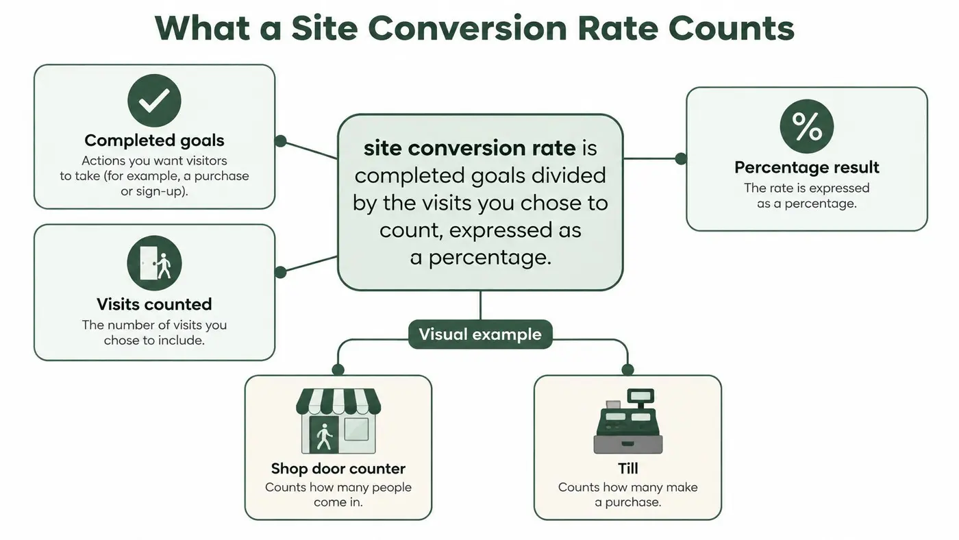 A diagram explaining site conversion rate as completed goals divided by visits, shown as a percentage.