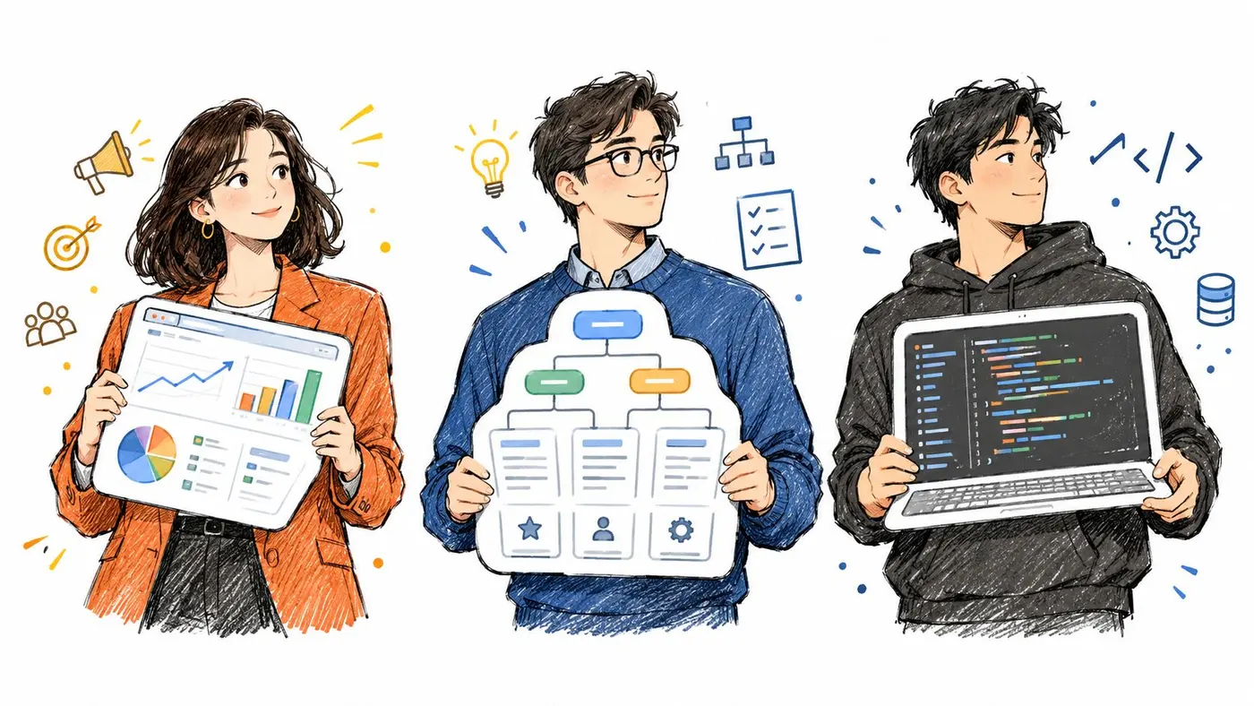 A digital illustration showing three professionals representing data analysis, project planning, and software development skills.